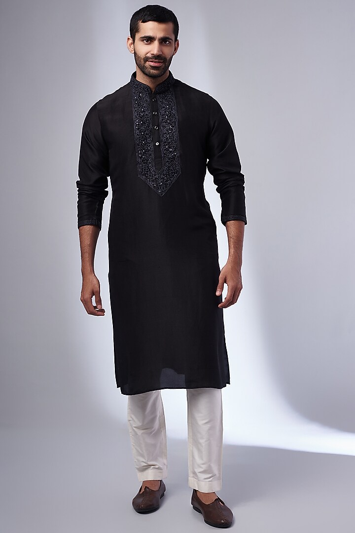 Black Pure Silk Hand Embroidered Kurta by SAMMOHAN at Pernia's Pop Up Shop