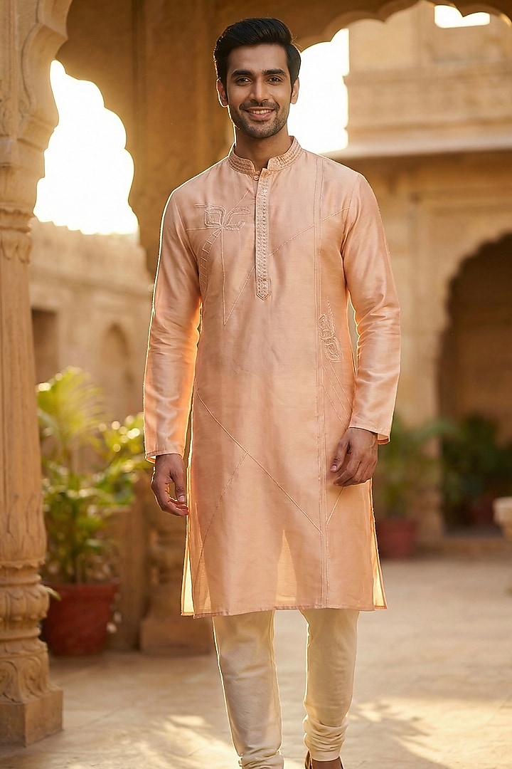 Peach Chanderi Kurta by SAMMOHAN at Pernia's Pop Up Shop