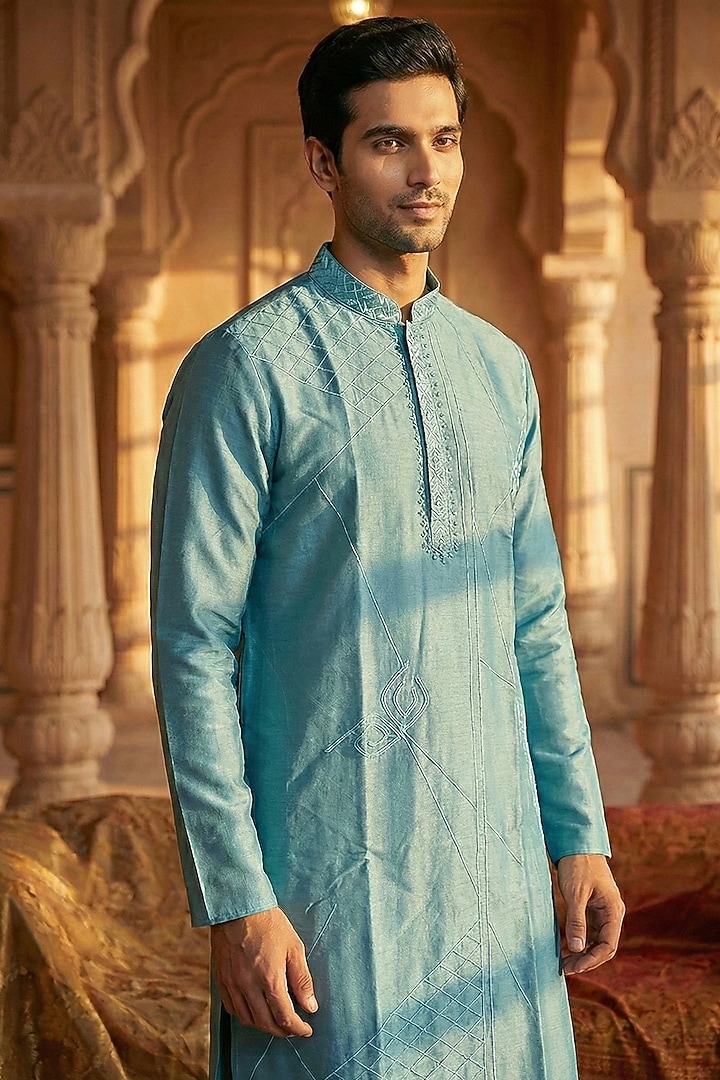 Blue Chanderi Kurta by SAMMOHAN at Pernia's Pop Up Shop
