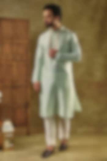 Mint Green Tussar Resham Embroidered Handcrafted Kurta by SAMMOHAN at Pernia's Pop Up Shop