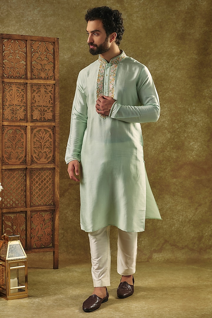 Mint Green Tussar Resham Embroidered Handcrafted Kurta by SAMMOHAN at Pernia's Pop Up Shop