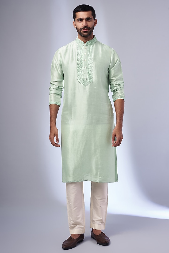 Mint Pure Silk Hand Embroidered Kurta by SAMMOHAN at Pernia's Pop Up Shop