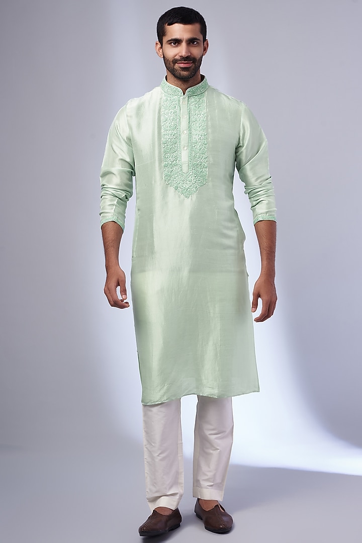 Mint Pure Silk Hand Embroidered Kurta by SAMMOHAN at Pernia's Pop Up Shop