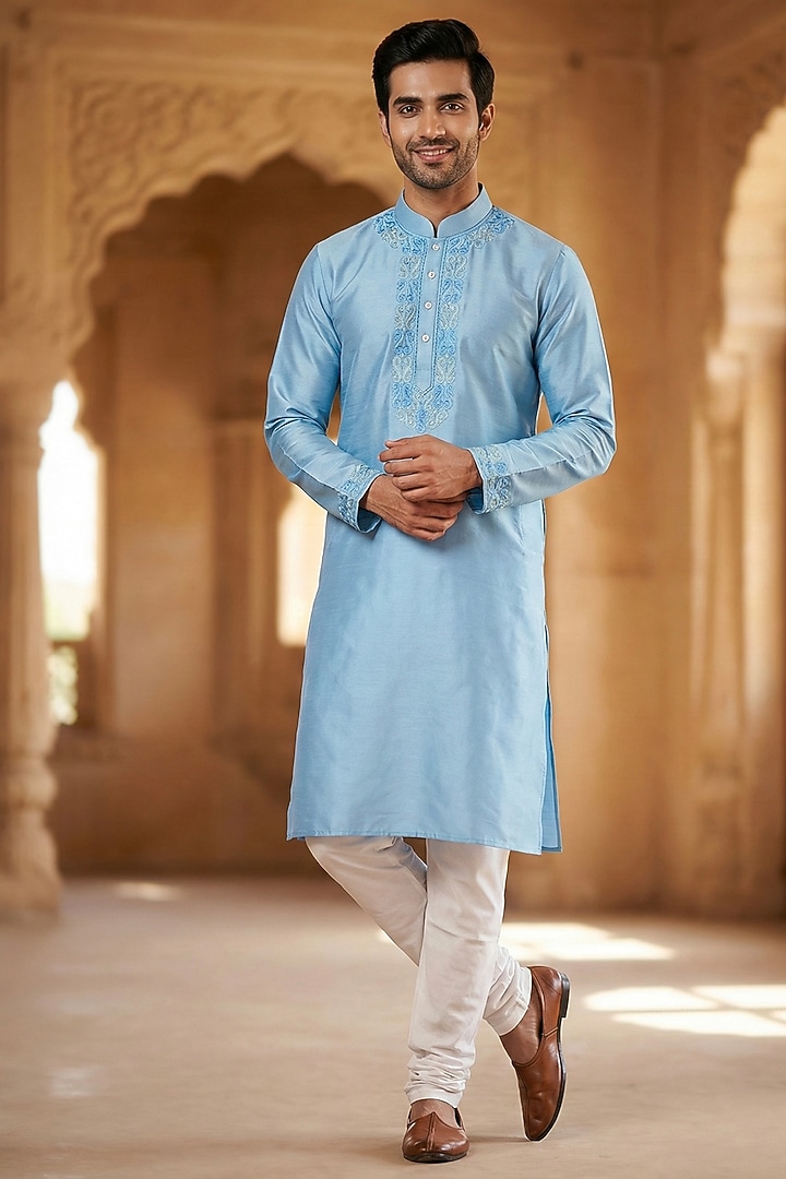 Blue Chanderi Kurta by SAMMOHAN at Pernia's Pop Up Shop