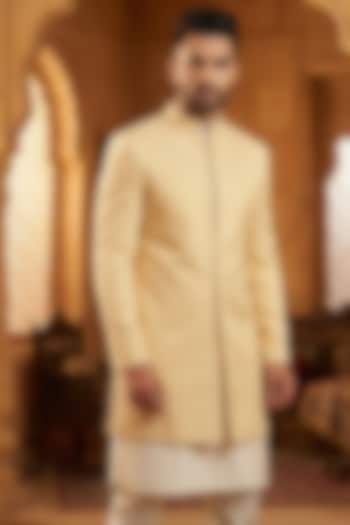 Yellow Cotton Blend Indowestern Jacket by SAMMOHAN at Pernia's Pop Up Shop