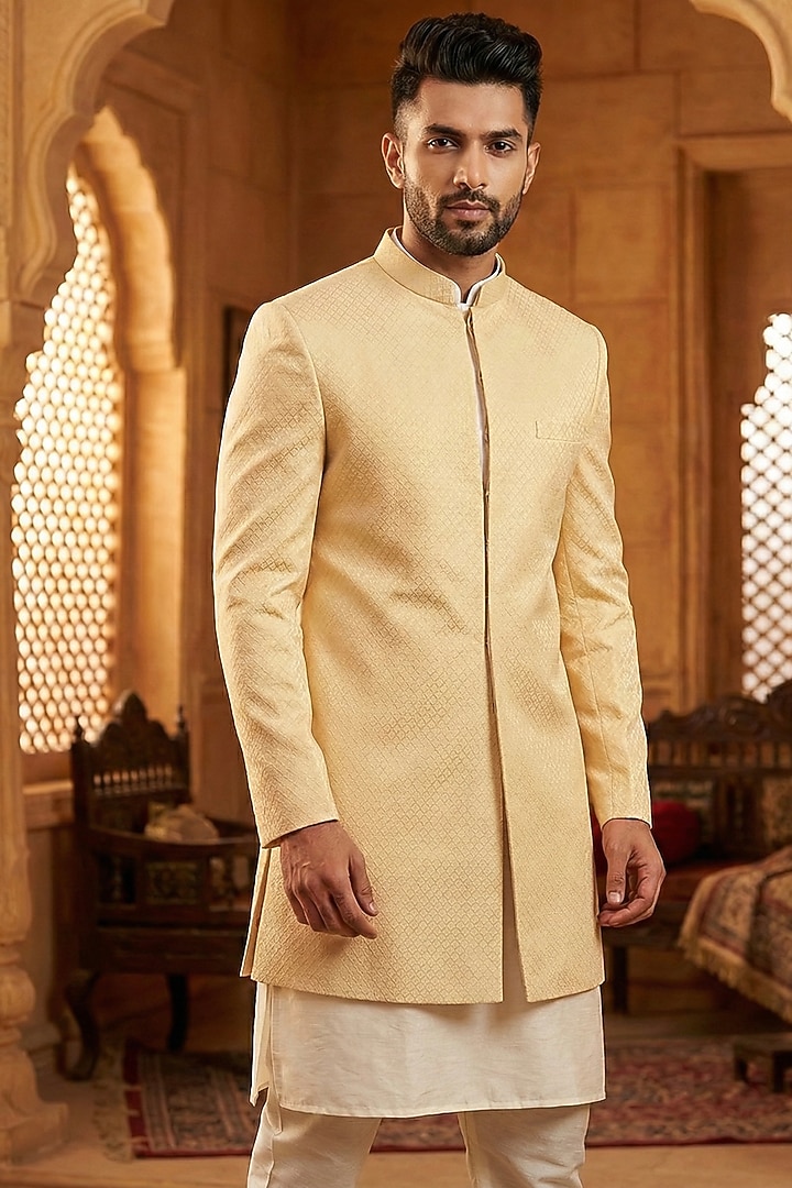 Yellow Cotton Blend Indowestern Jacket by SAMMOHAN at Pernia's Pop Up Shop