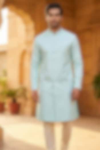 Light Teal Green Cotton Blend Indowestern Jacket by SAMMOHAN at Pernia's Pop Up Shop