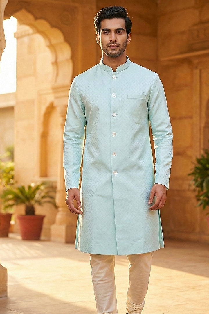 Light Teal Green Cotton Blend Indowestern Jacket by SAMMOHAN at Pernia's Pop Up Shop