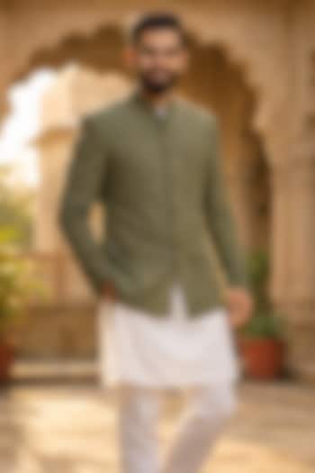Mehendi Green Cotton Blend Bandhgala Jacket by SAMMOHAN at Pernia's Pop Up Shop