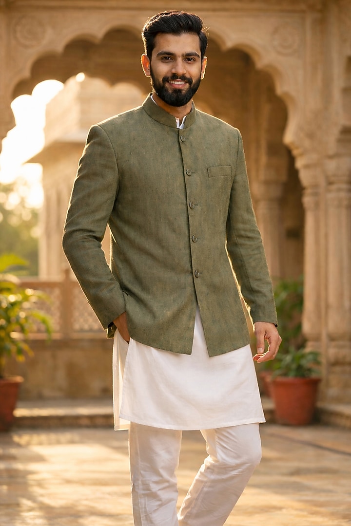 Mehendi Green Cotton Blend Bandhgala Jacket by SAMMOHAN at Pernia's Pop Up Shop