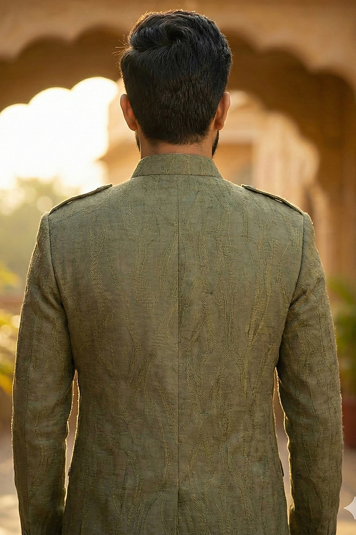 Mehendi Green Cotton Blend Bandhgala Jacket by SAMMOHAN at Pernia's Pop Up Shop