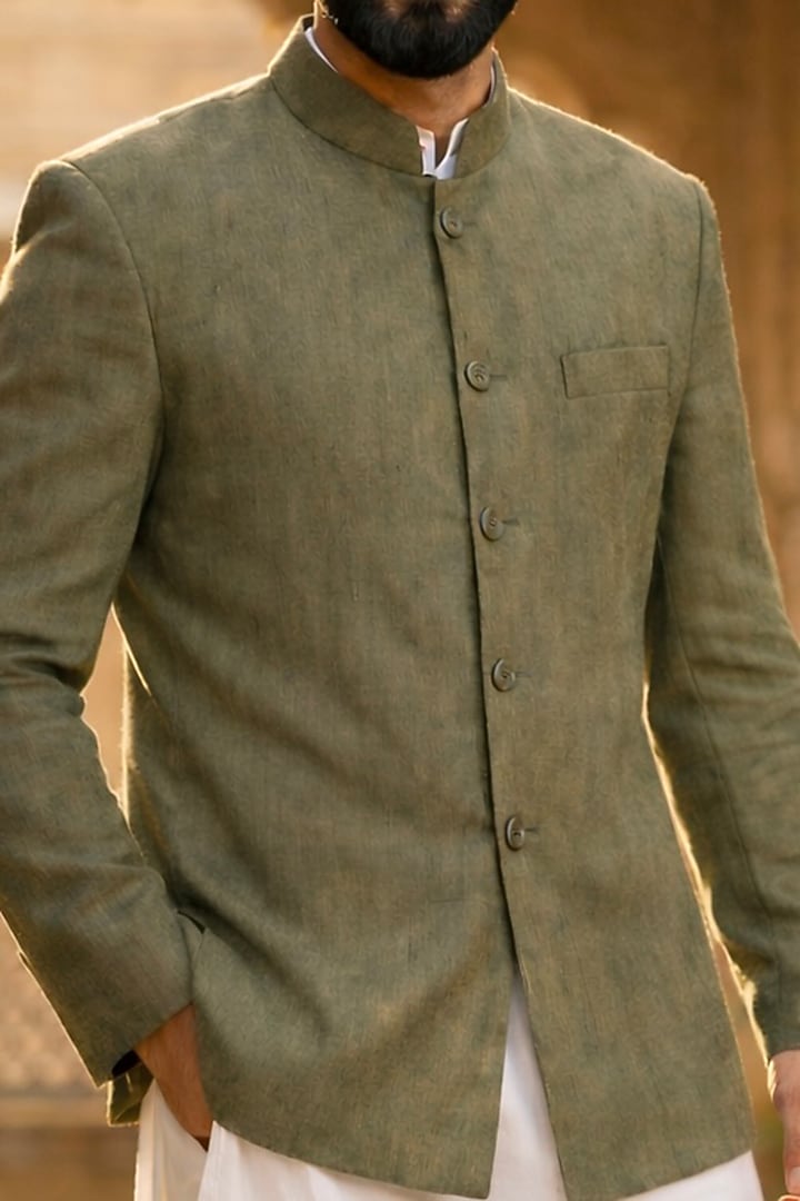 Mehendi Green Cotton Blend Bandhgala Jacket by SAMMOHAN at Pernia's Pop Up Shop