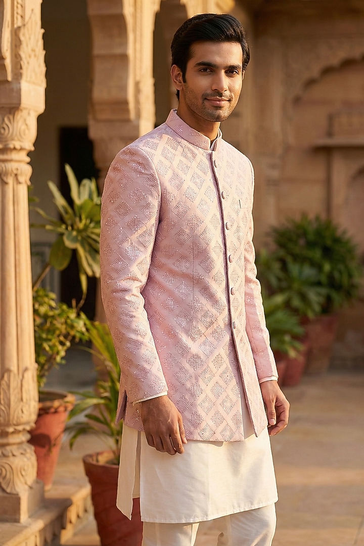 Purple Cotton Blend Bandhgala Jacket by SAMMOHAN at Pernia's Pop Up Shop