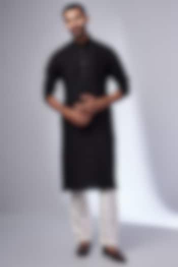 Black Pure Silk Hand Embroidered Kurta by SAMMOHAN at Pernia's Pop Up Shop