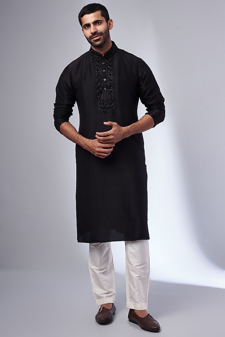 Black Pure Silk Hand Embroidered Kurta by SAMMOHAN at Pernia's Pop Up Shop