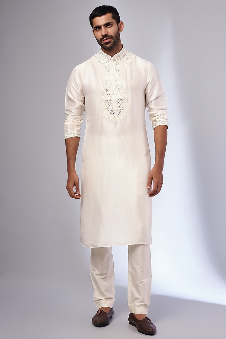 Ivory Pure Silk Embroidered Kurta by SAMMOHAN at Pernia's Pop Up Shop