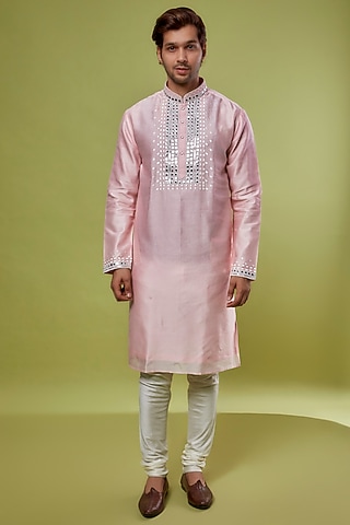 Baby Pink Silk Cotton Blend Embroidered Kurta Set by ALOUKIK