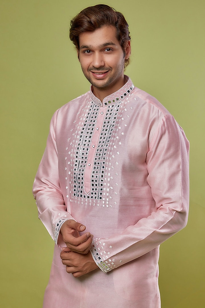 Baby Pink Silk Cotton Blend Embroidered Kurta Set by ALOUKIK at Pernia's Pop Up Shop