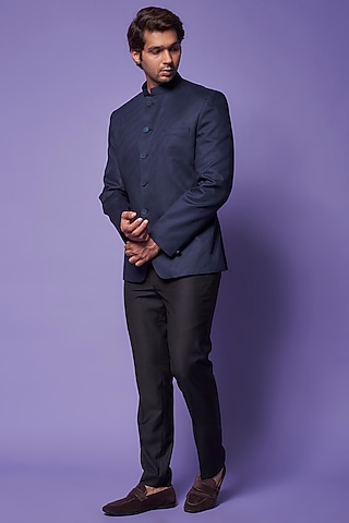Blue Jacquard Bandhgala Set by ALOUKIK