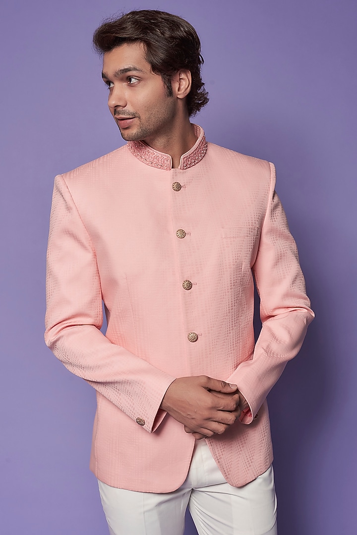 Peach Cotton & Silk Embroidered Wedding Bandhgala Set by ALOUKIK at Pernia's Pop Up Shop