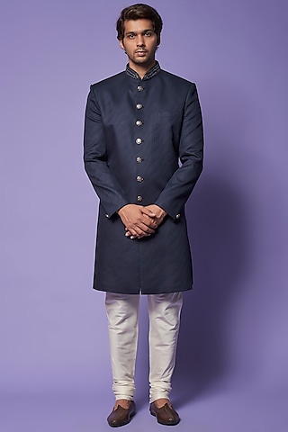 Blue Cotton & Silk Embroidered Sherwani Set by ALOUKIK