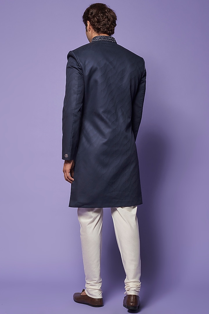 Blue Cotton & Silk Embroidered Wedding Sherwani Set by ALOUKIK at Pernia's Pop Up Shop