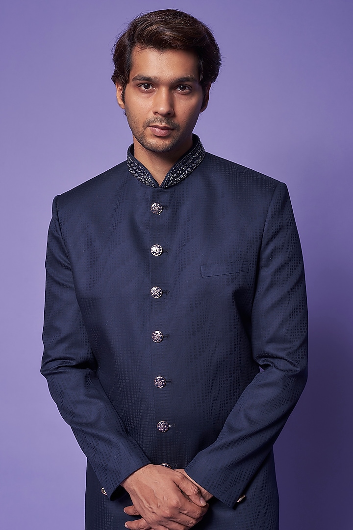 Blue Cotton & Silk Embroidered Wedding Sherwani Set by ALOUKIK at Pernia's Pop Up Shop