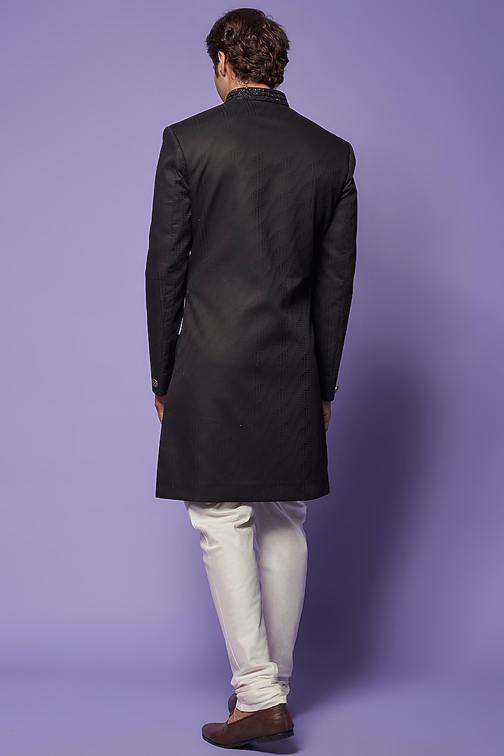 Black Cotton & Silk Embroidered Wedding Sherwani Set by ALOUKIK at Pernia's Pop Up Shop