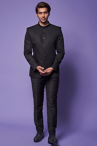 Black Cotton & Silk Bandhgala Set by ALOUKIK