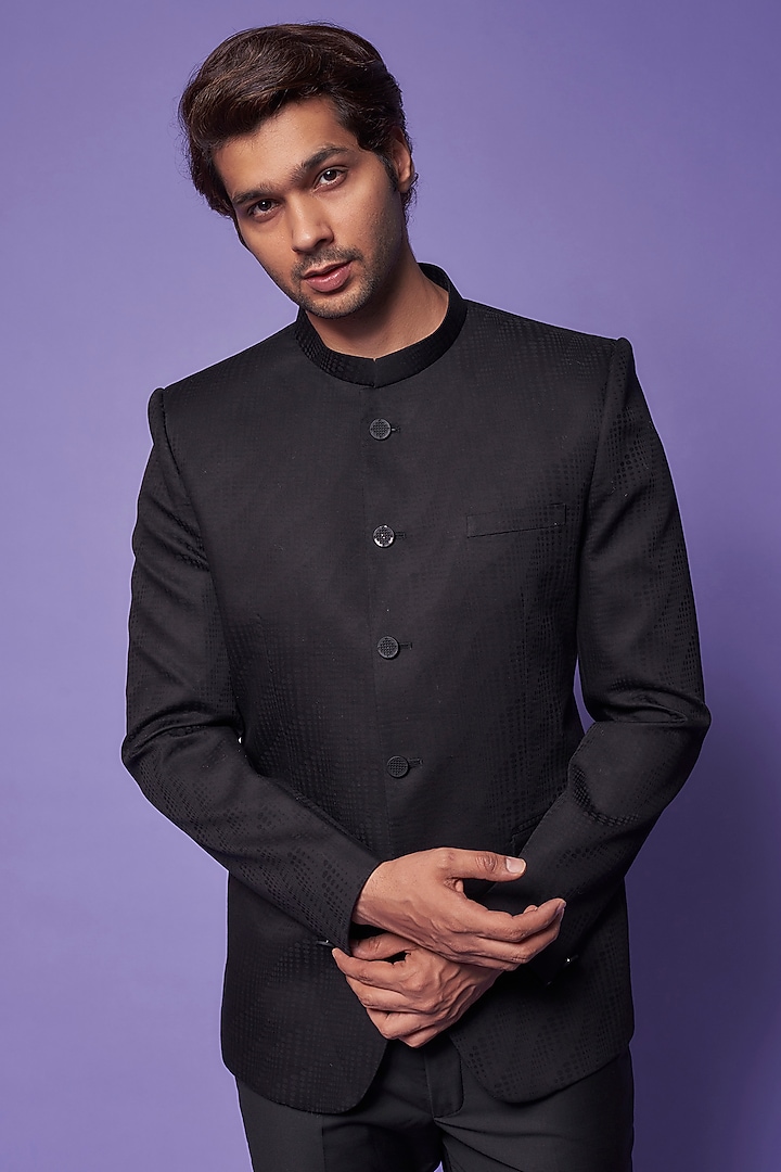Black Cotton & Silk Wedding Bandhgala Set by ALOUKIK at Pernia's Pop Up Shop