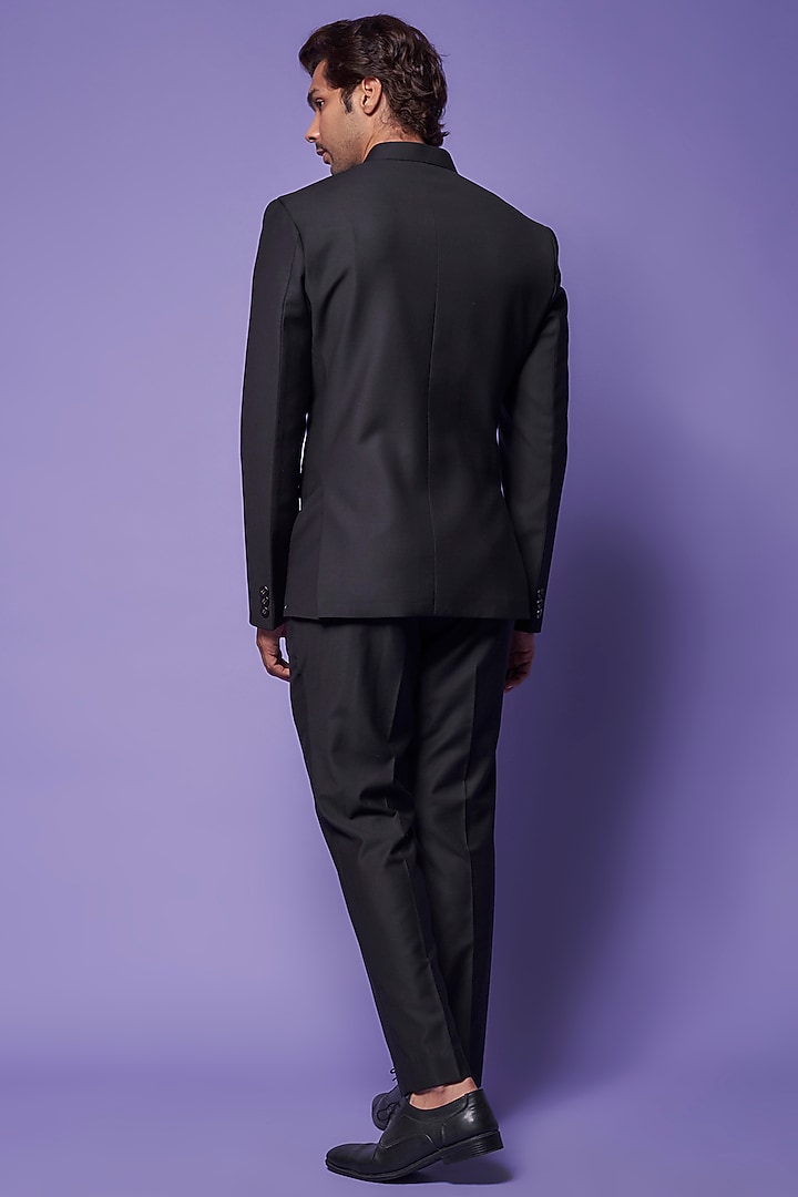 Black Terry Rayon Bandhgala Set by ALOUKIK at Pernia's Pop Up Shop