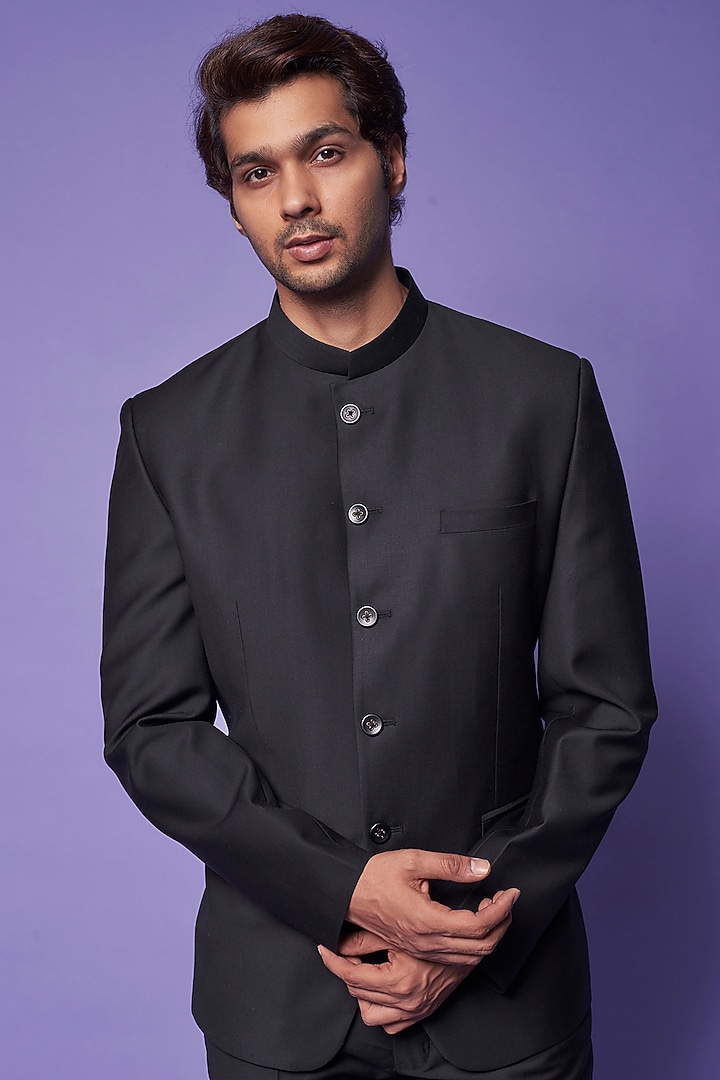 Black Terry Rayon Bandhgala Set by ALOUKIK at Pernia's Pop Up Shop