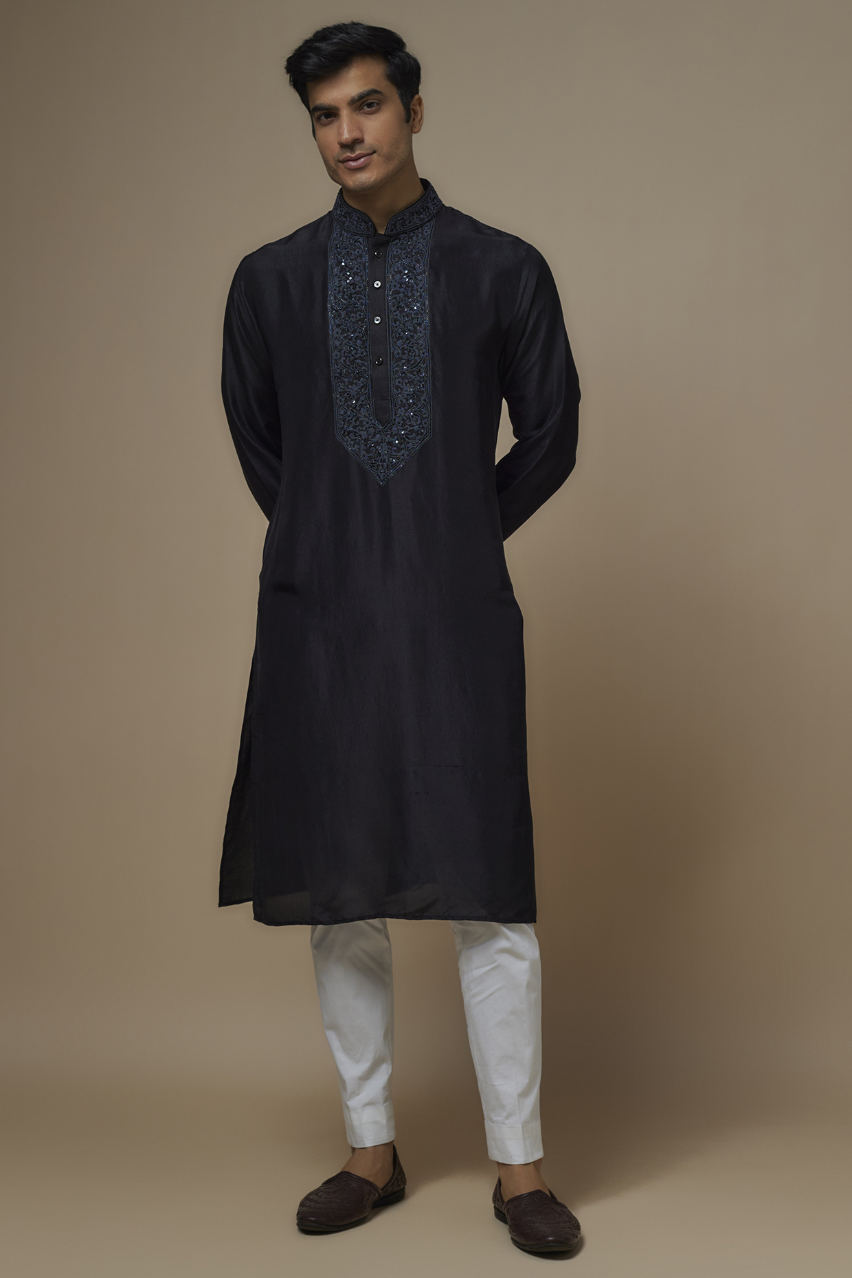 Black Pure Silk Dori Hand Embroidered Handcrafted Kurta Set by SAMMOHAN