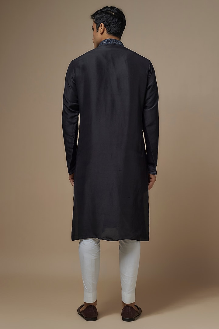 Black Pure Silk Dori Hand Embroidered Handcrafted Kurta Set by SAMMOHAN at Pernia's Pop Up Shop