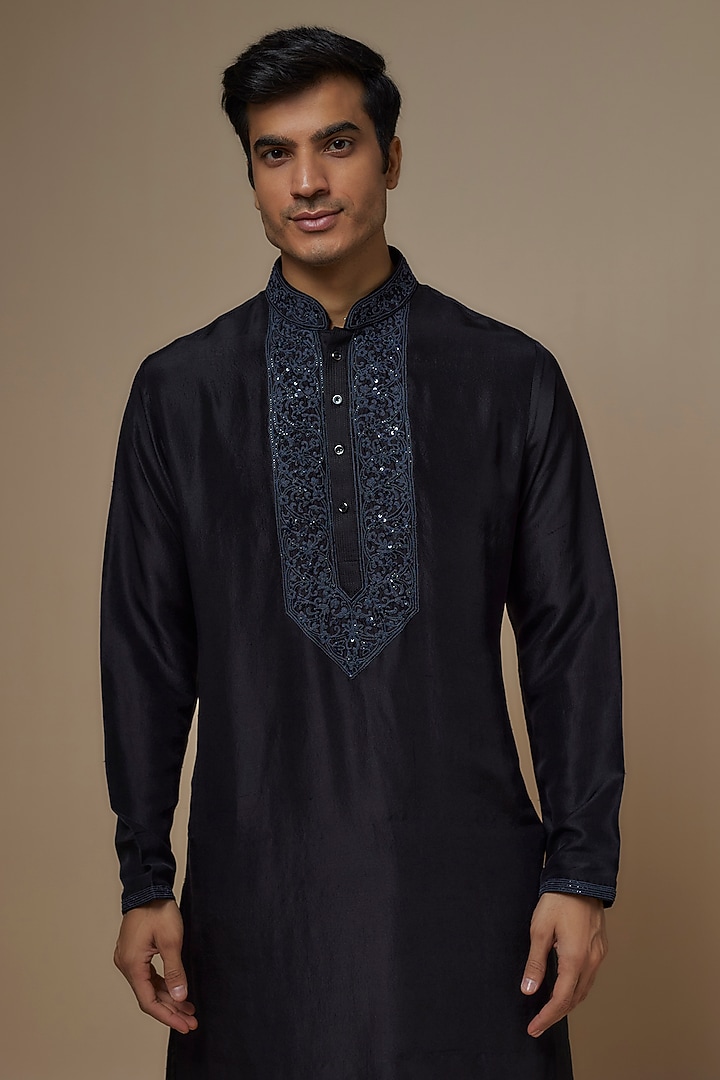 Black Pure Silk Dori Hand Embroidered Handcrafted Kurta Set by SAMMOHAN at Pernia's Pop Up Shop