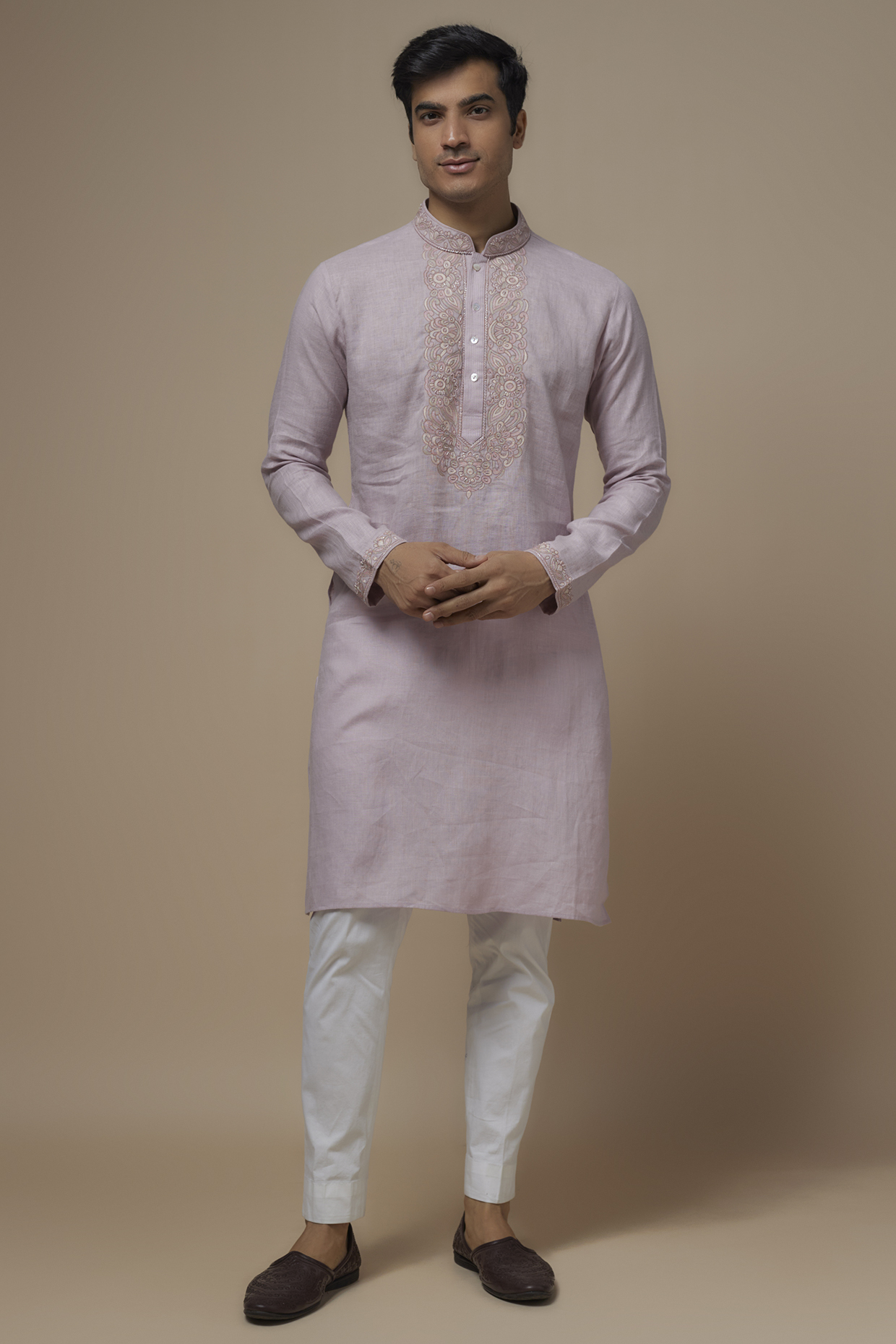 Lilac Linen Resham & Bead Hand Embroidered Handcrafted Kurta by SAMMOHAN