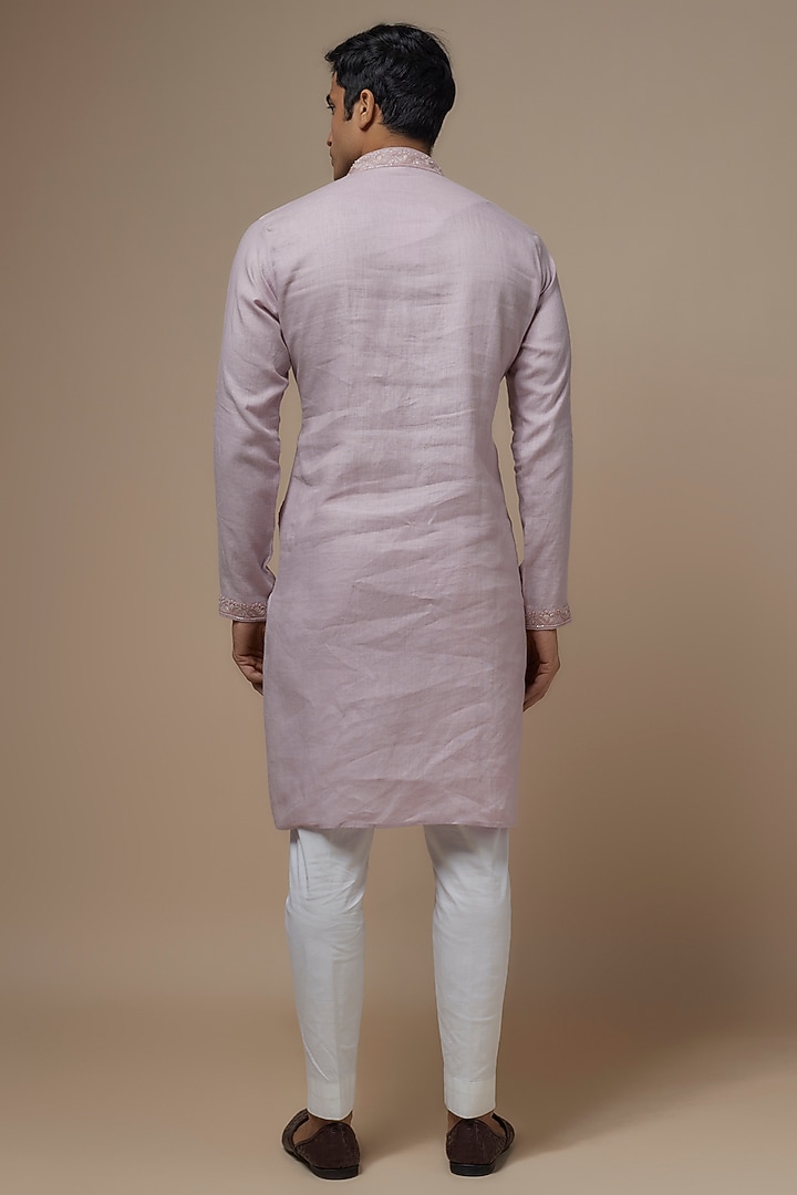Lilac Linen Resham & Bead Hand Embroidered Handcrafted Kurta by SAMMOHAN at Pernia's Pop Up Shop