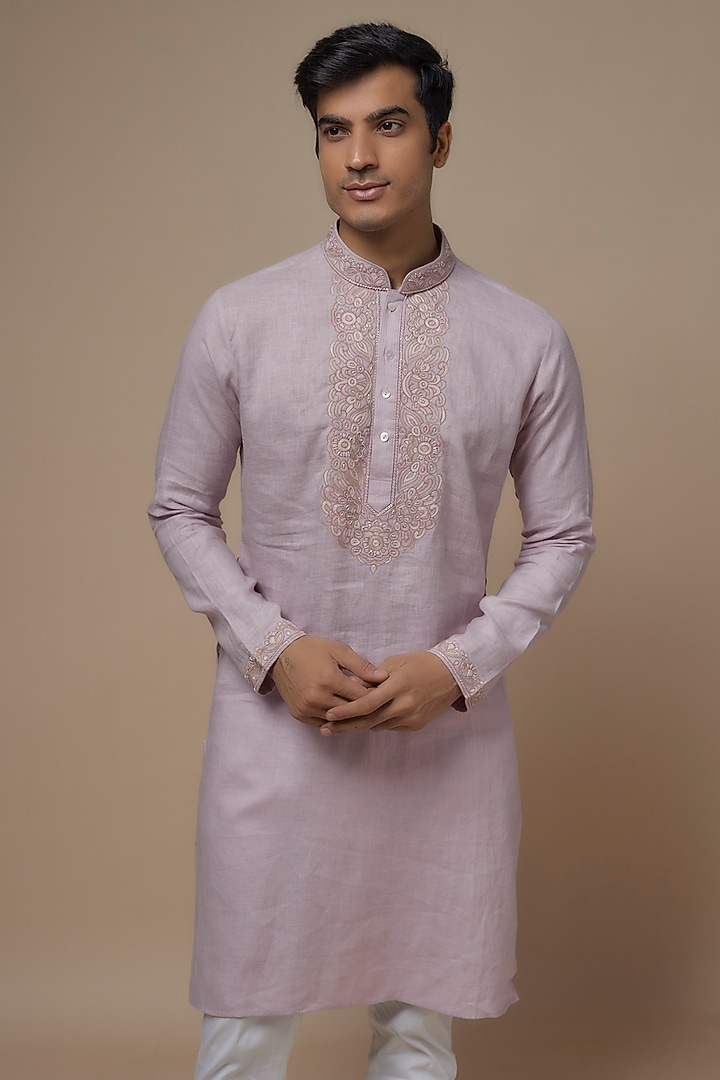 Lilac Linen Resham & Bead Hand Embroidered Handcrafted Kurta by SAMMOHAN at Pernia's Pop Up Shop