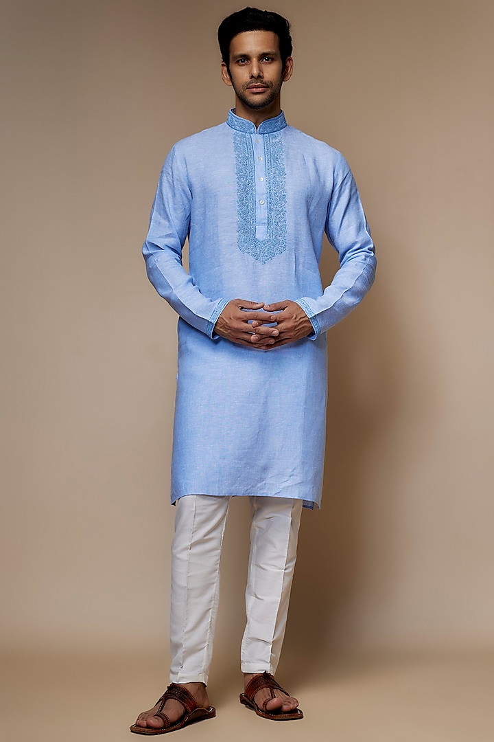 Powder Blue Linen Resham & Beads Hand Embroidered Handcrafted Kurta by SAMMOHAN at Pernia's Pop Up Shop