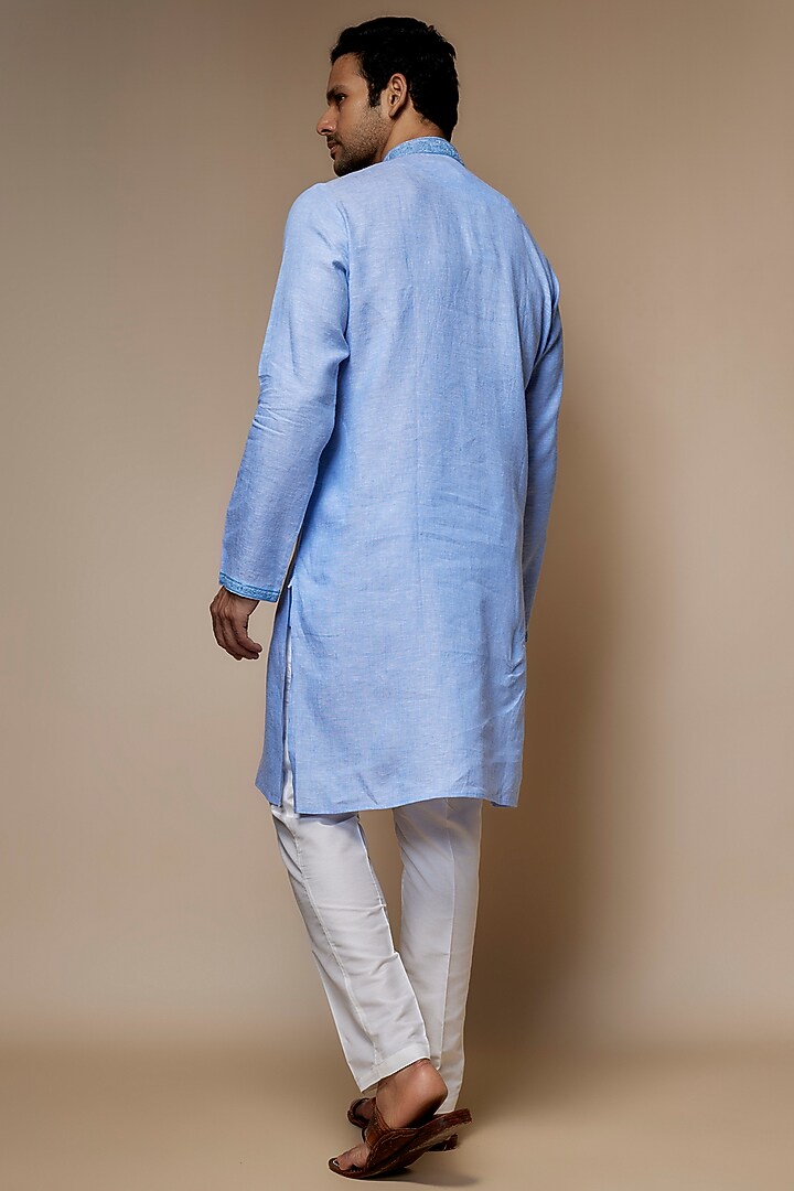 Powder Blue Linen Resham & Beads Hand Embroidered Handcrafted Kurta by SAMMOHAN at Pernia's Pop Up Shop