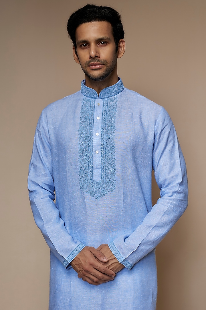 Powder Blue Linen Resham & Beads Hand Embroidered Handcrafted Kurta by SAMMOHAN at Pernia's Pop Up Shop