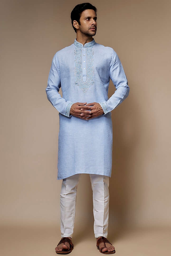 Powder Blue Linen Resham & Beads Hand Embroidered Handcrafted Kurta by SAMMOHAN at Pernia's Pop Up Shop