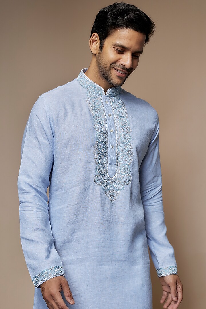Powder Blue Linen Resham & Beads Hand Embroidered Handcrafted Kurta by SAMMOHAN at Pernia's Pop Up Shop
