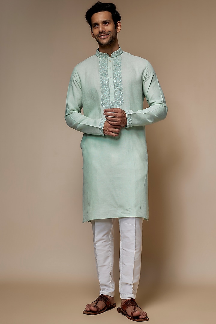 Mint green Linen Resham & Beads Hand Embroidered Handcrafted Kurta by SAMMOHAN at Pernia's Pop Up Shop