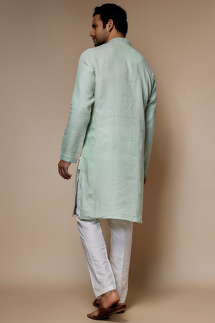 Mint green Linen Resham & Beads Hand Embroidered Handcrafted Kurta by SAMMOHAN at Pernia's Pop Up Shop