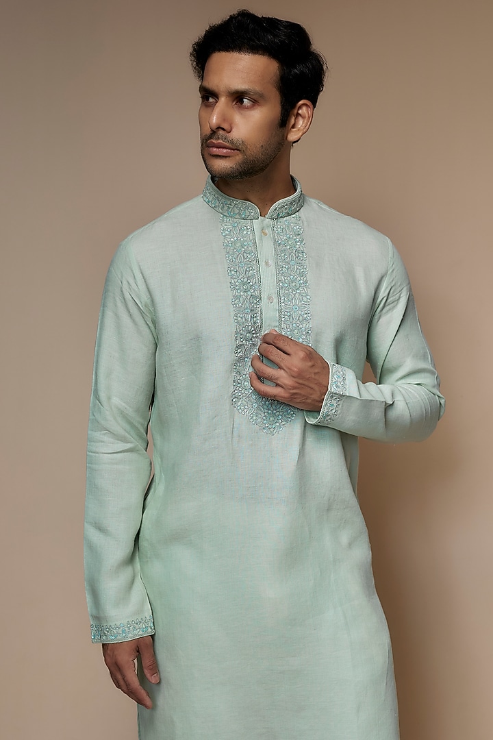 Mint green Linen Resham & Beads Hand Embroidered Handcrafted Kurta by SAMMOHAN at Pernia's Pop Up Shop