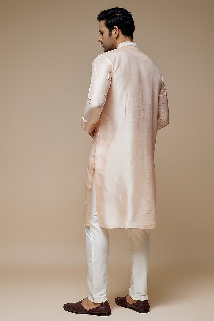Peach Tussar Hand & Machine Embroidered Handcrafted Kurta Set by SAMMOHAN at Pernia's Pop Up Shop