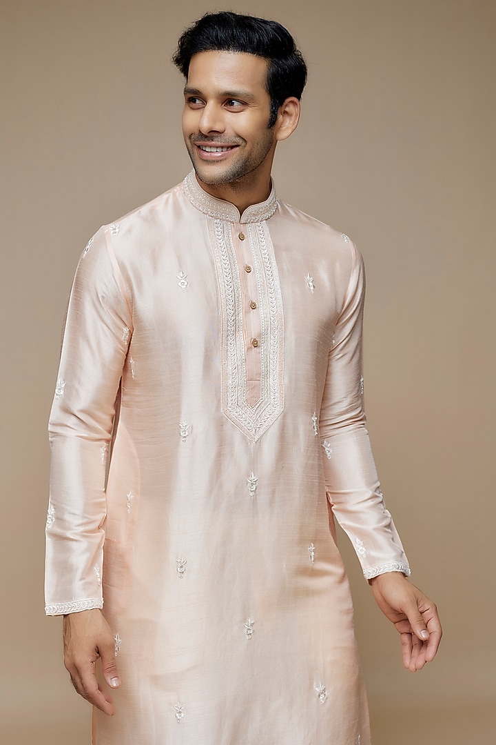Peach Tussar Hand & Machine Embroidered Handcrafted Kurta Set by SAMMOHAN at Pernia's Pop Up Shop
