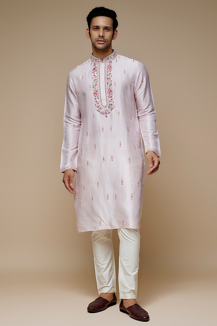 Baby Pink Tussar Hand & Machine Embroidered Handcrafted Kurta Set by SAMMOHAN