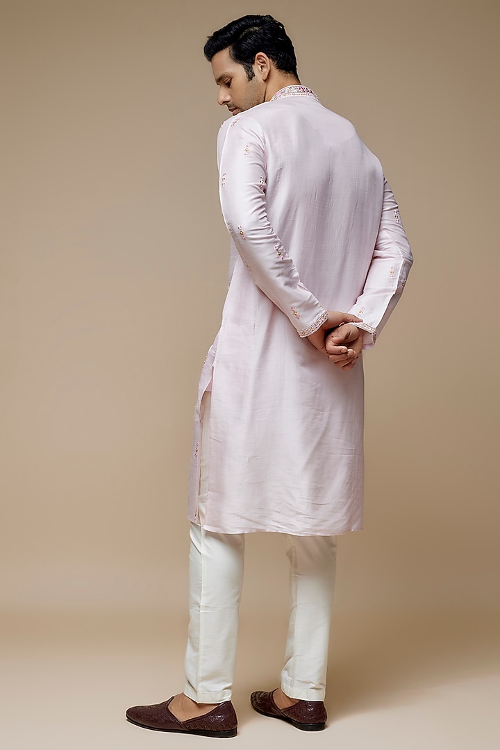 Baby Pink Tussar Hand & Machine Embroidered Handcrafted Kurta Set by SAMMOHAN at Pernia's Pop Up Shop